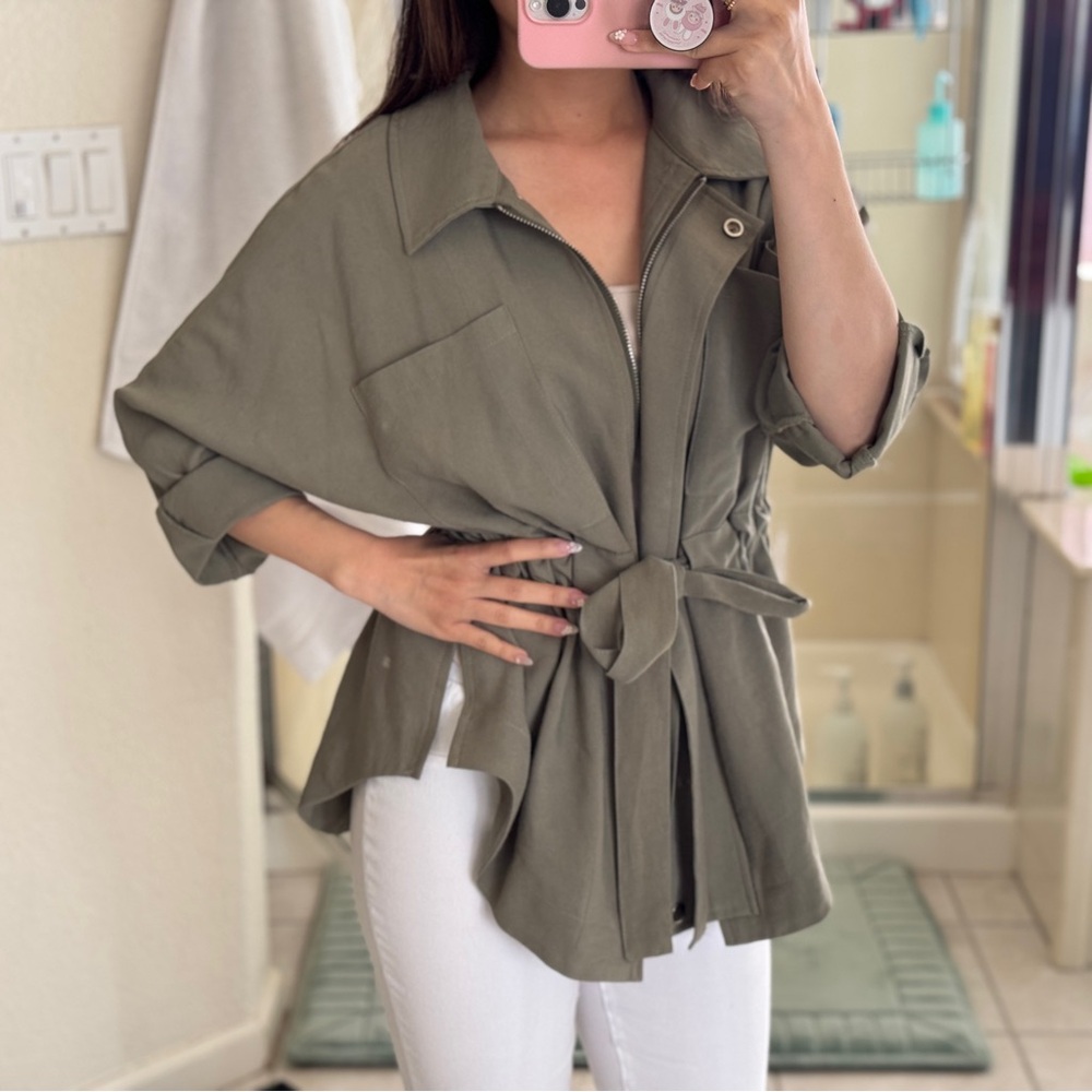 Stylish Olive Green Belted Jacket